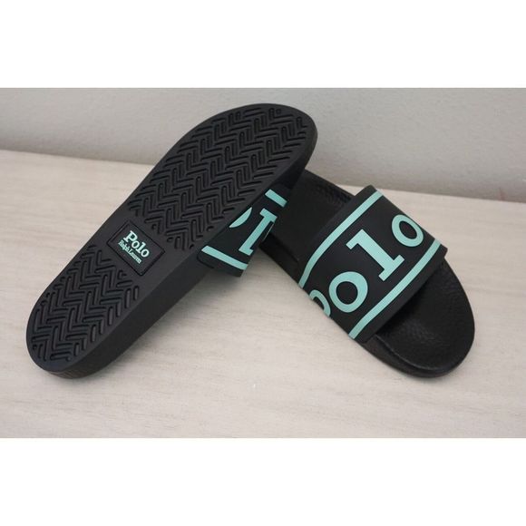Polo Ralph Lauren Men's Sz 9 Black/Aqua Logo Slide Sandals - Picture 2 of 8